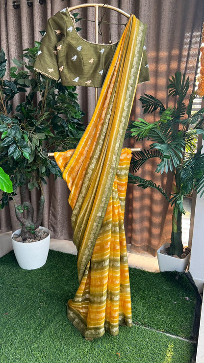Yellow & bottle green saree with hand worked blouse
