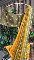 Yellow & bottle green saree with hand worked blouse