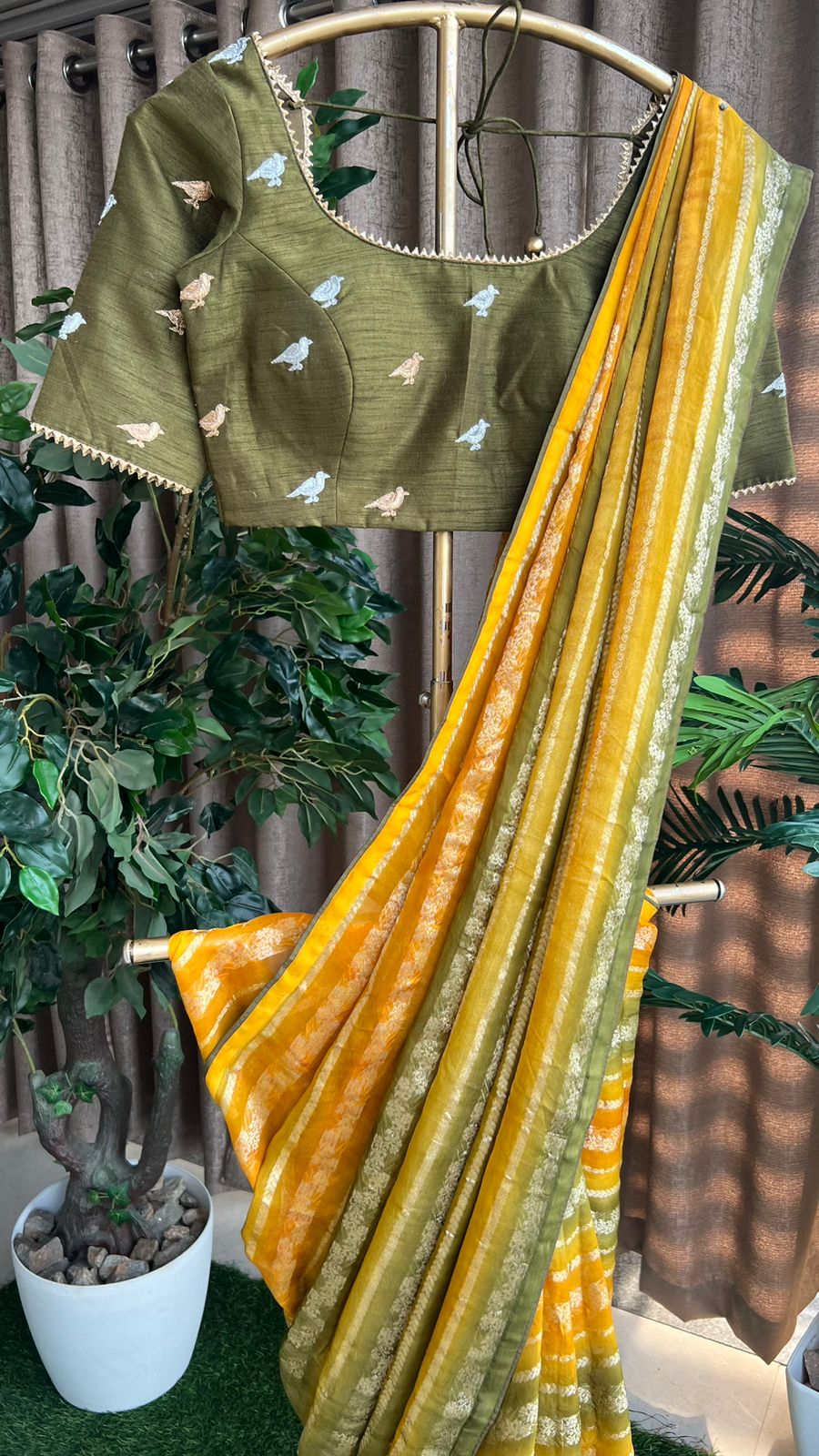 Yellow & bottle green saree with hand worked blouse