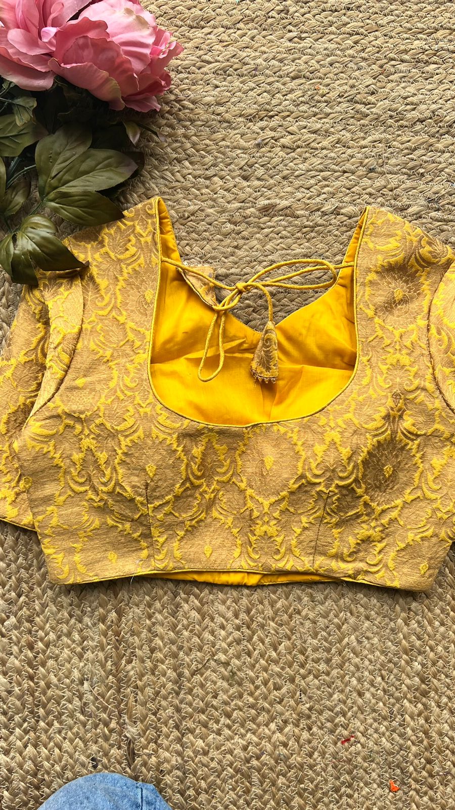 Yellow banarsi embroidery worked blouse