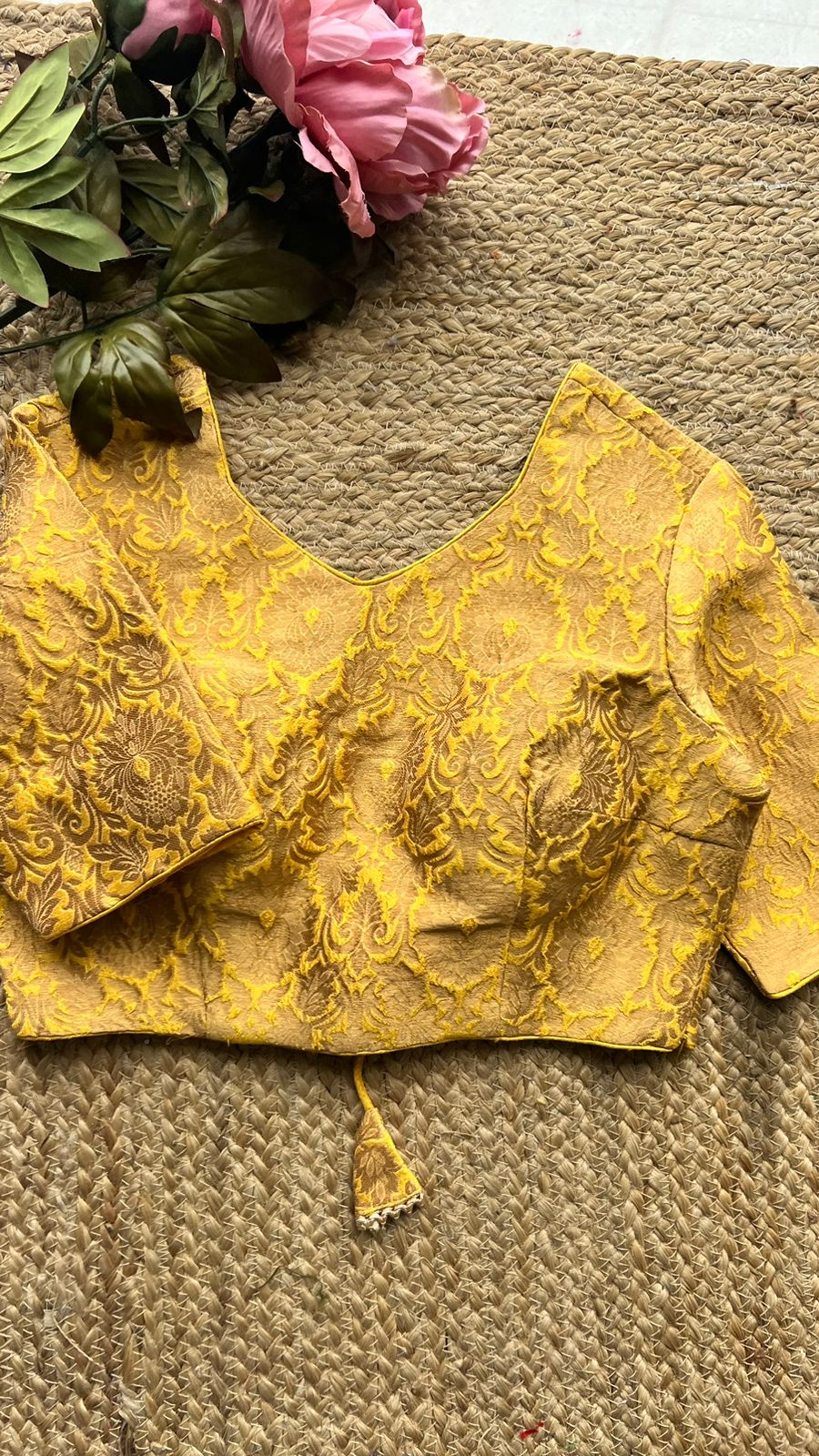 Yellow banarsi embroidery worked blouse