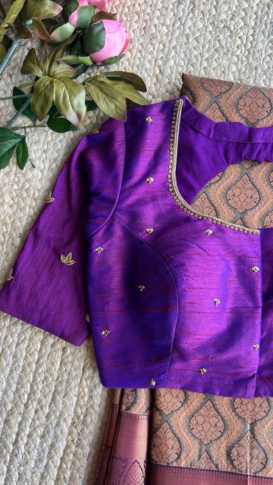 Free full draping )Grey and golden silk saree with purple hand worked blouse
