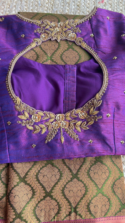 (Free full draping )Green and golden silk saree with purple hand worked blouse
