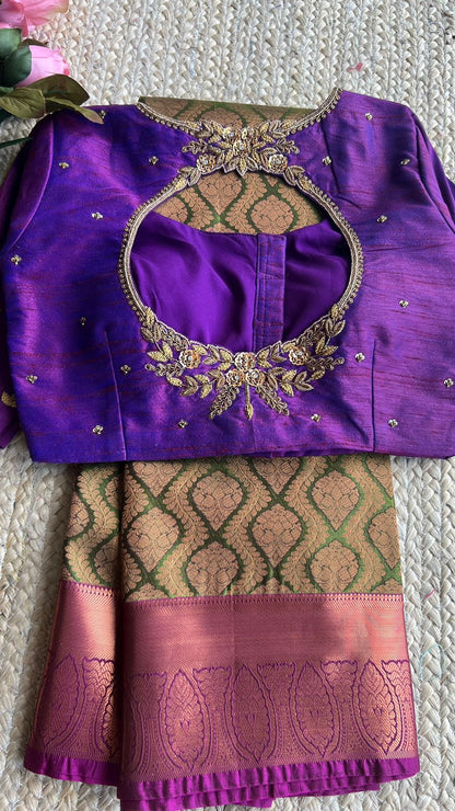 (Free full draping )Green and golden silk saree with purple hand worked blouse