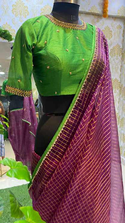 Purple checked organza saree with embroidery work blouse