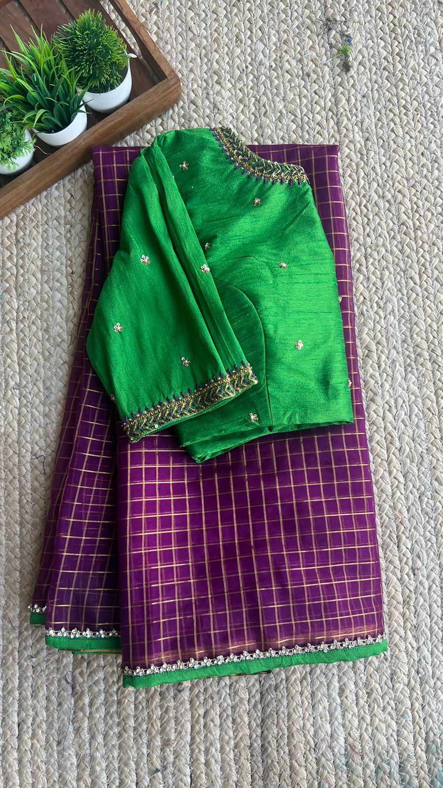 Purple checked organza saree with embroidery work blouse