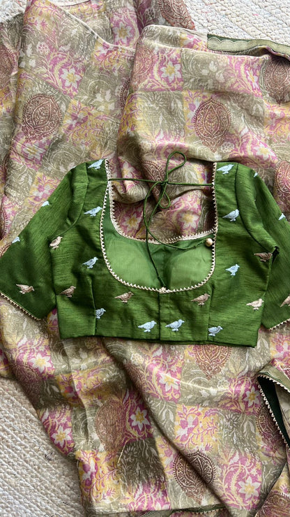 Floral banarasi saree with green hand worked blouse