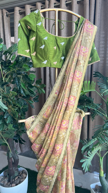 Floral banarasi saree with green hand worked blouse