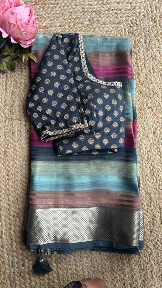 Mutli stripped chiffon saree with banarasi blouse