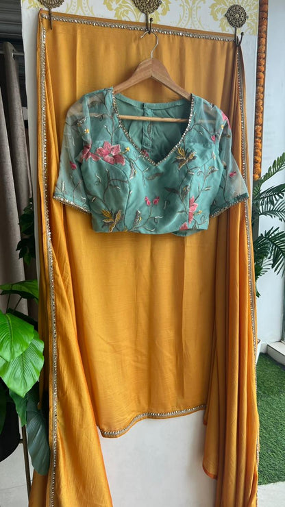 Mango yellow marble saree with hand worked blouse