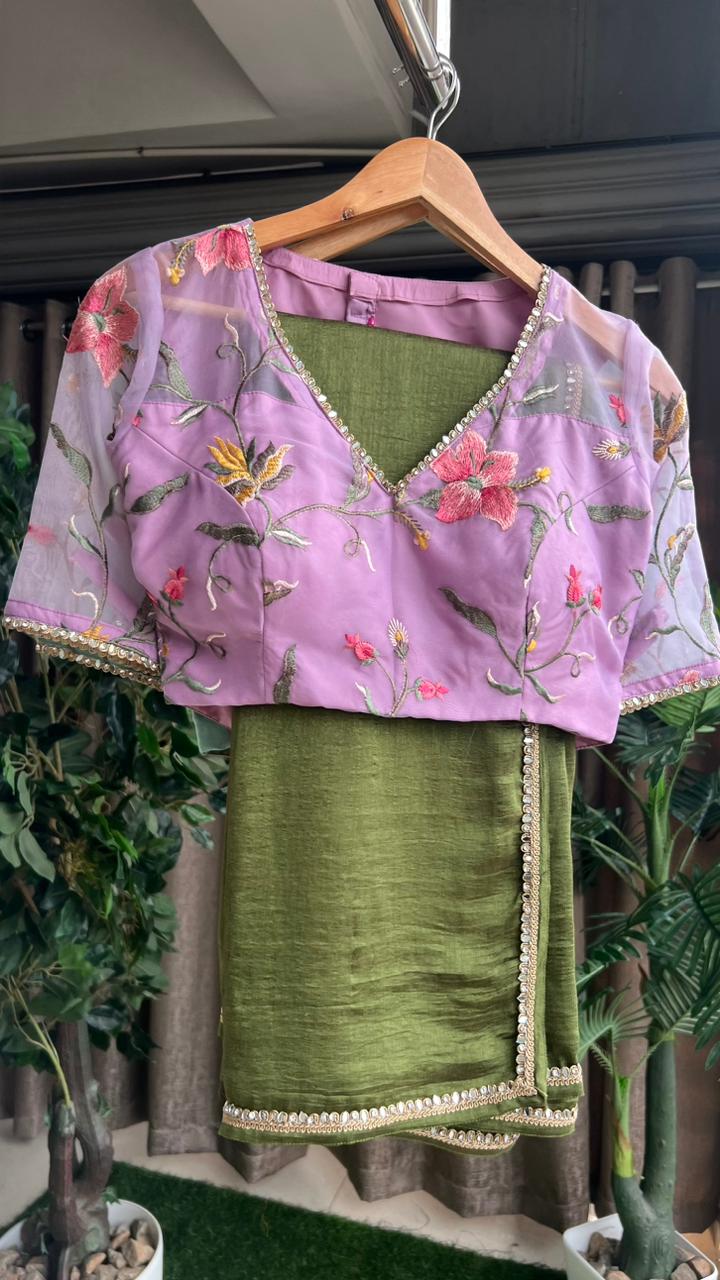 Bottle green marble saree with hand worked blouse