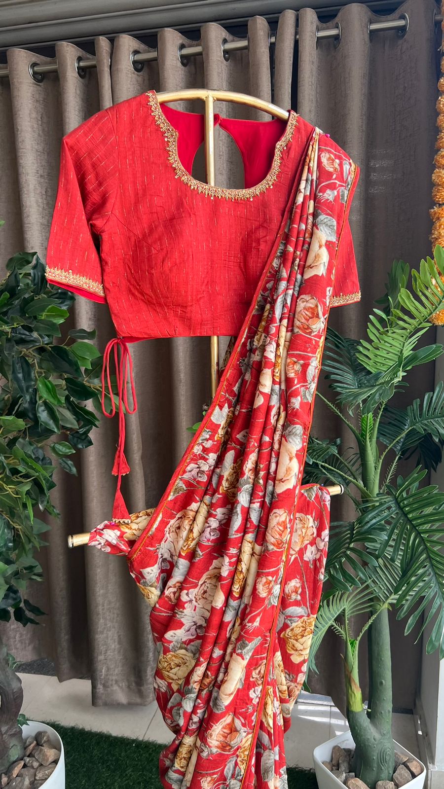 Maroon floral printed kosa silk saree with handwork blouse