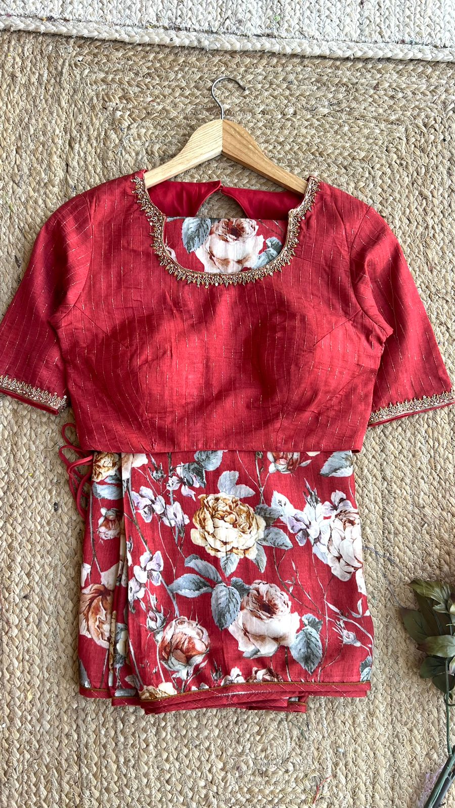 Maroon floral printed kosa silk saree with handwork blouse