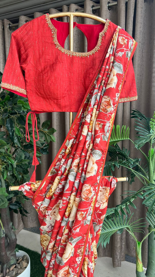 Printed organza saree with maroon handwork blouse
