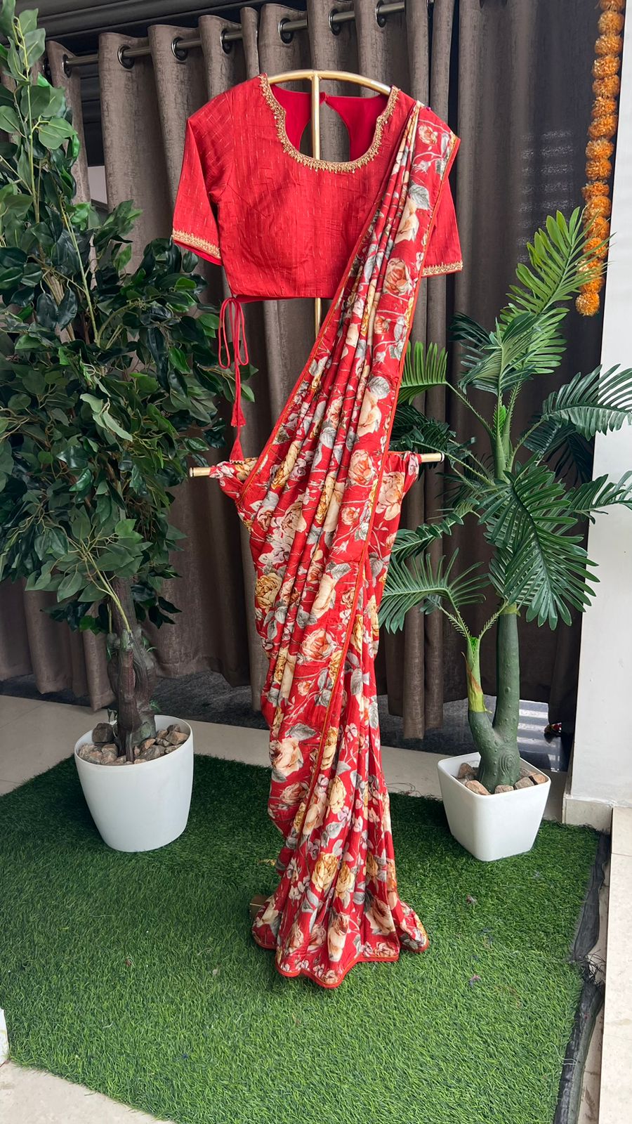 Maroon floral printed kosa silk saree with handwork blouse