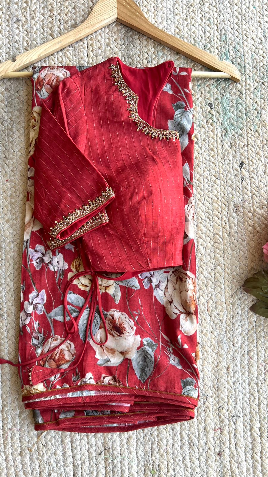 Maroon floral printed kosa silk saree with handwork blouse