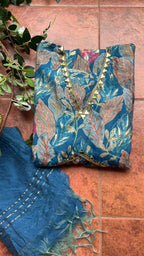 Blue silk floral printed 3 piece kurti suit