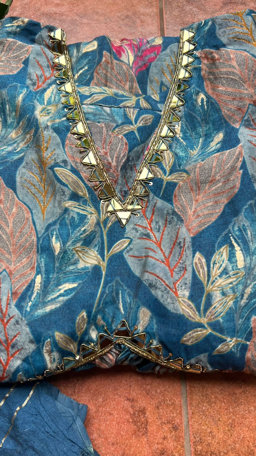 Blue silk floral printed 3 piece kurti suit