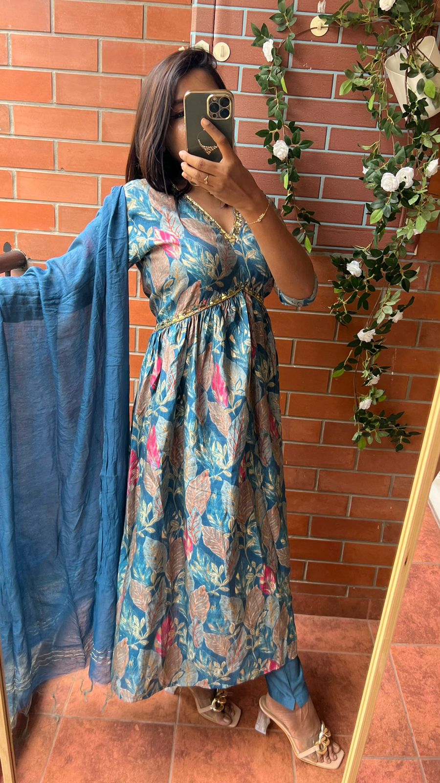Blue silk floral printed 3 piece kurti suit