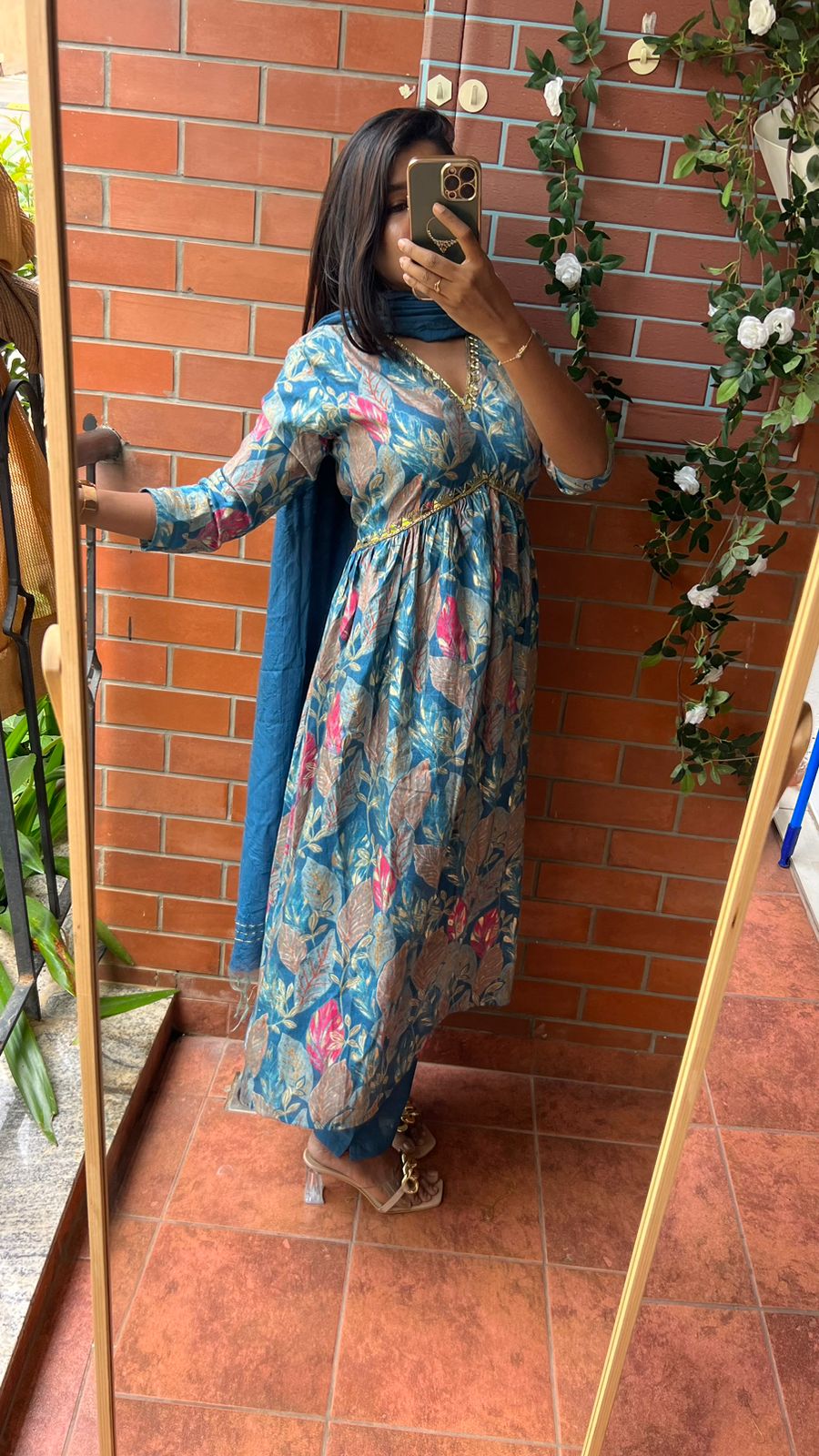 Blue silk floral printed 3 piece kurti suit