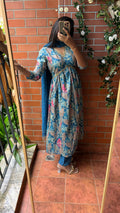 Blue silk floral printed 3 piece kurti suit