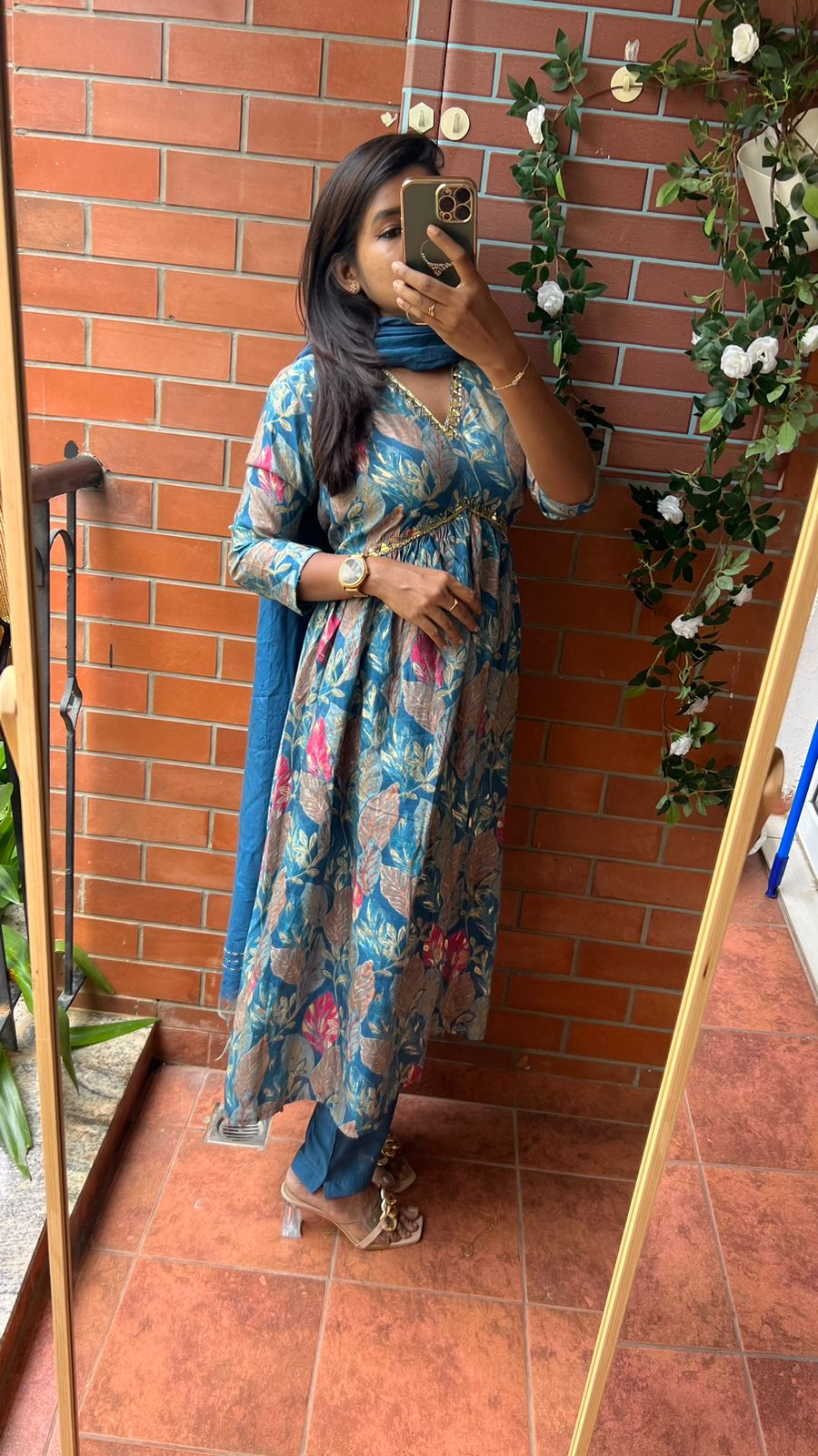 Blue silk floral printed 3 piece kurti suit