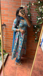 Blue silk floral printed 3 piece kurti suit