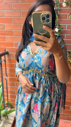 Blue silk floral printed 3 piece kurti suit