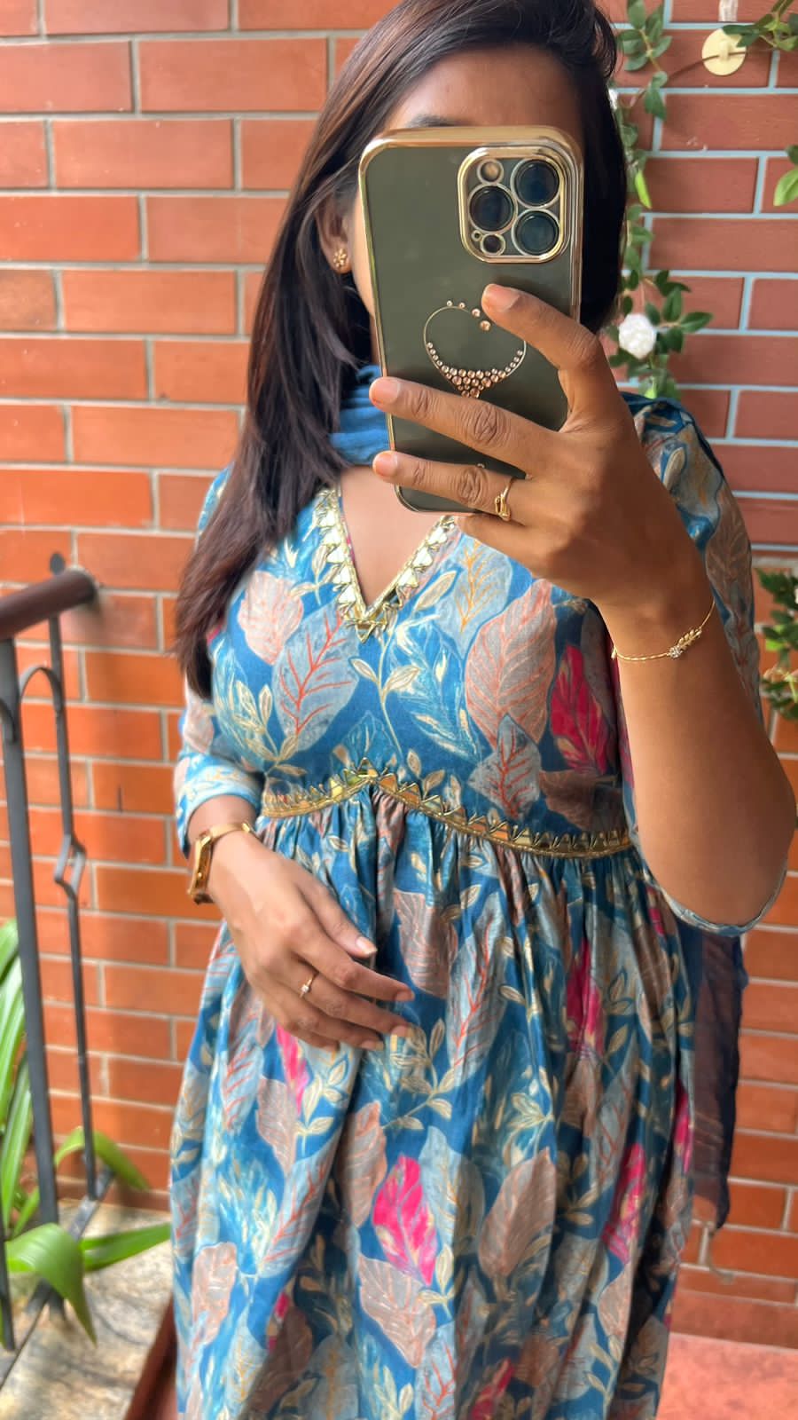 Blue silk floral printed 3 piece kurti suit
