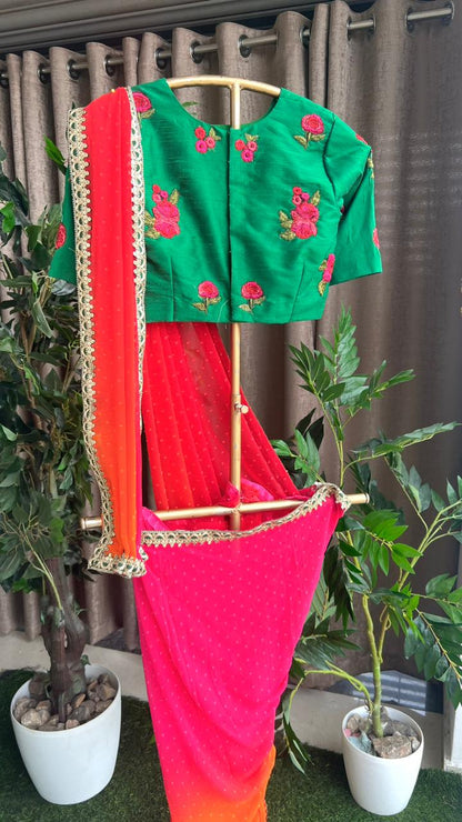 Multi chiffon designer saree with green handwork blouse