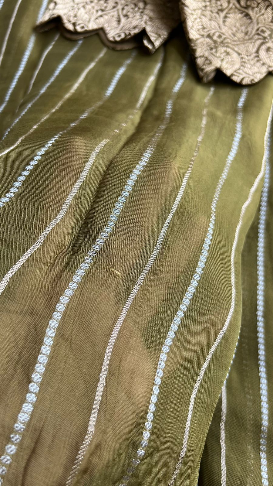 Olive green organza saree with banarasi blouse