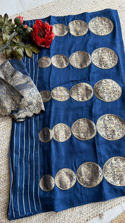 Blue organza striped saree with banarasi blouse