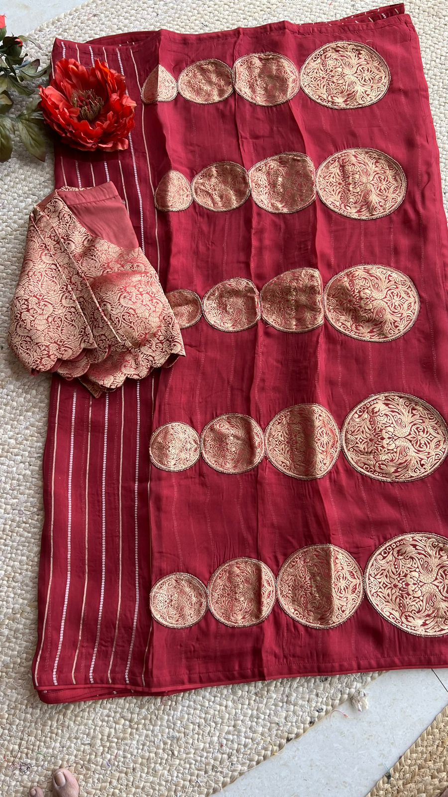 Maroon organza striped saree with banarasi blouse