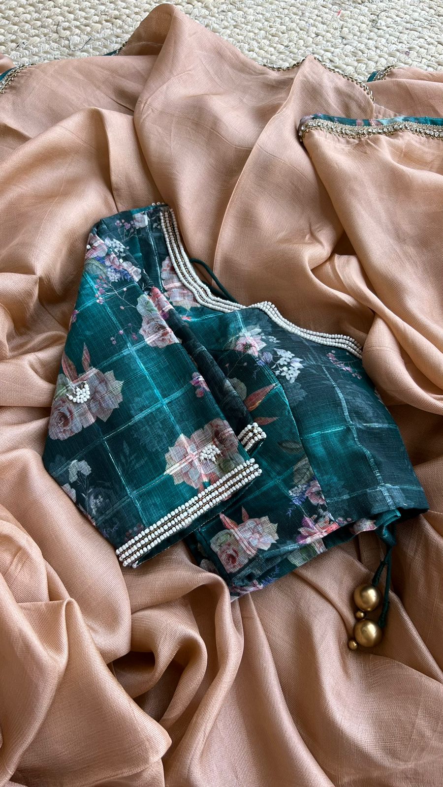 Jute copper saree with floral pearl handwork blouse