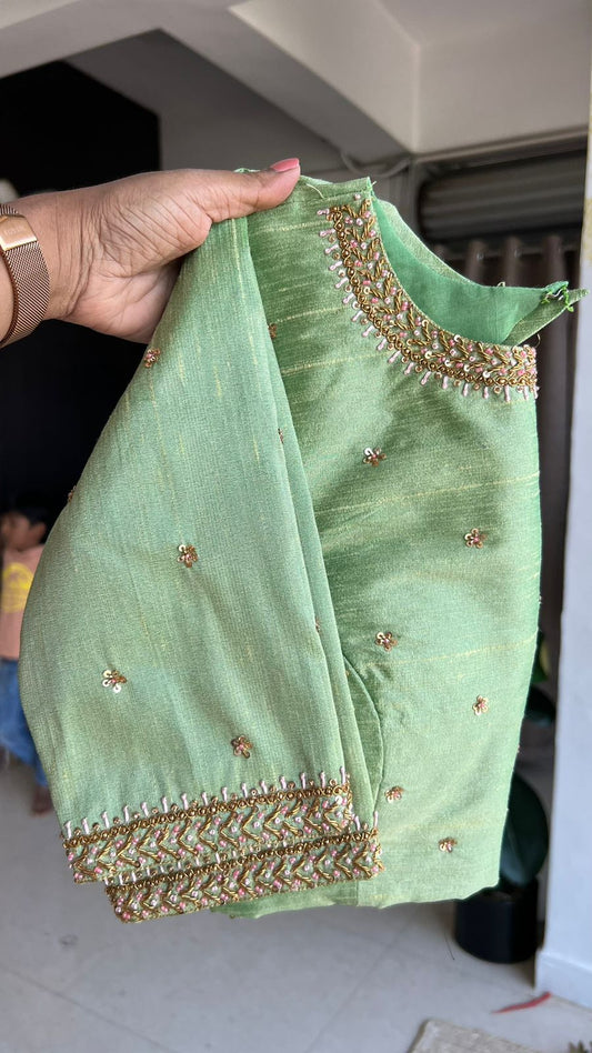 Pista green silk handwork blouse