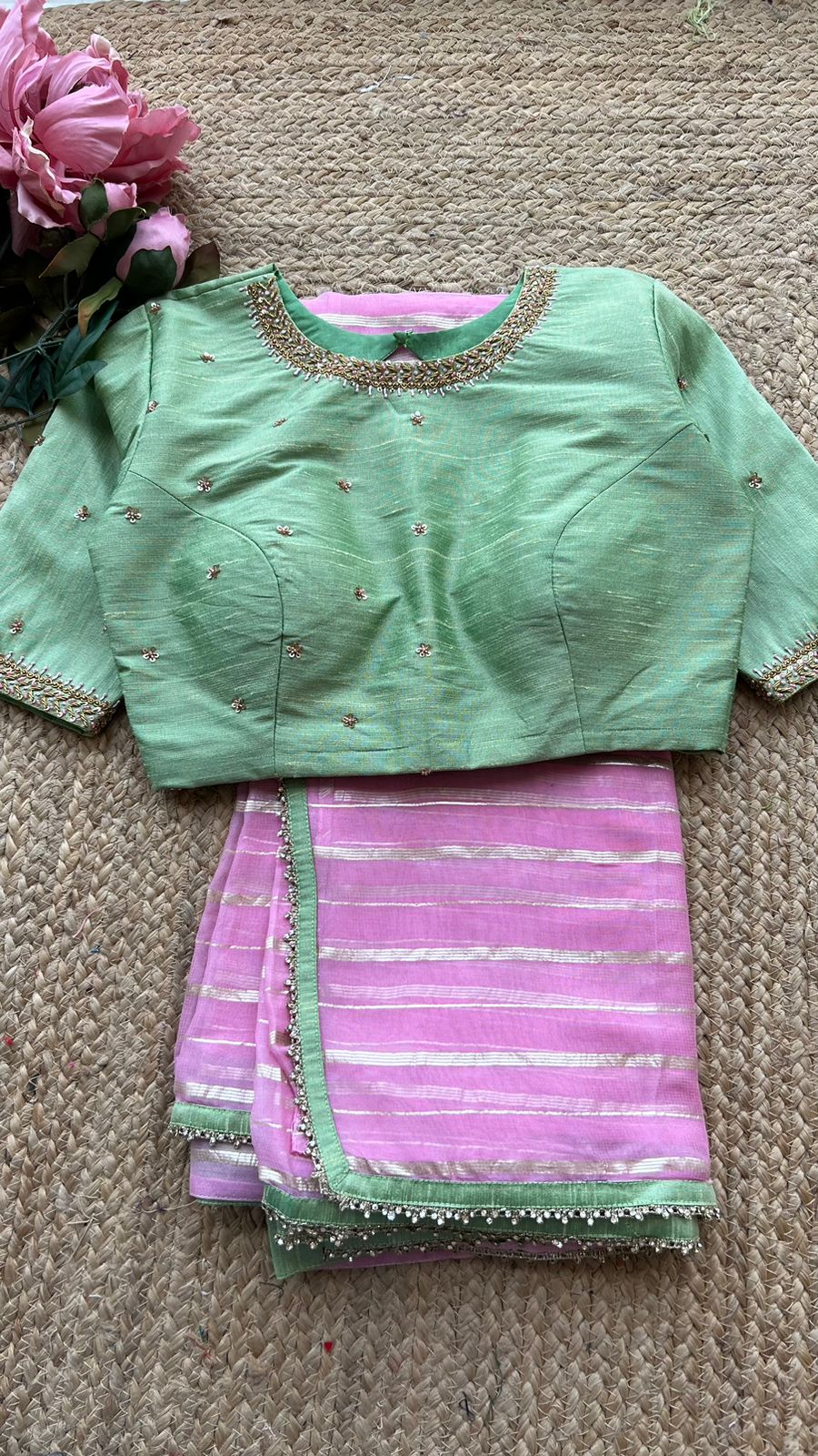 Pista green silk handwork blouse
