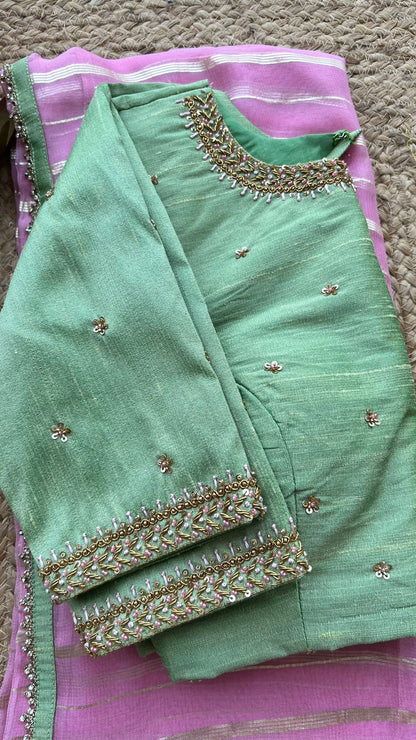 Pink georgette saree with pista handwork blouse