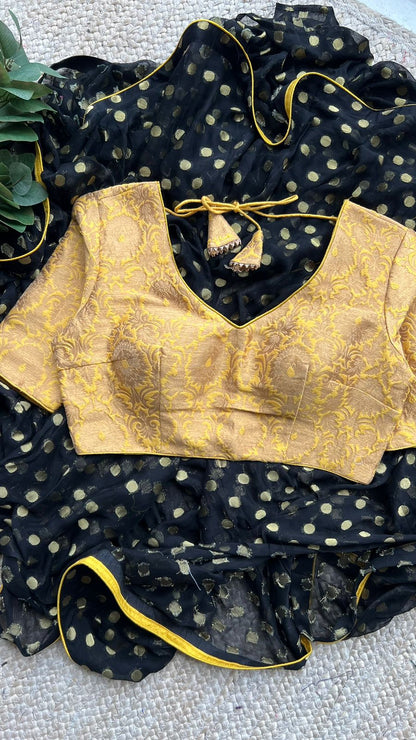 Black chiffon saree with yellow banarasi blouse
