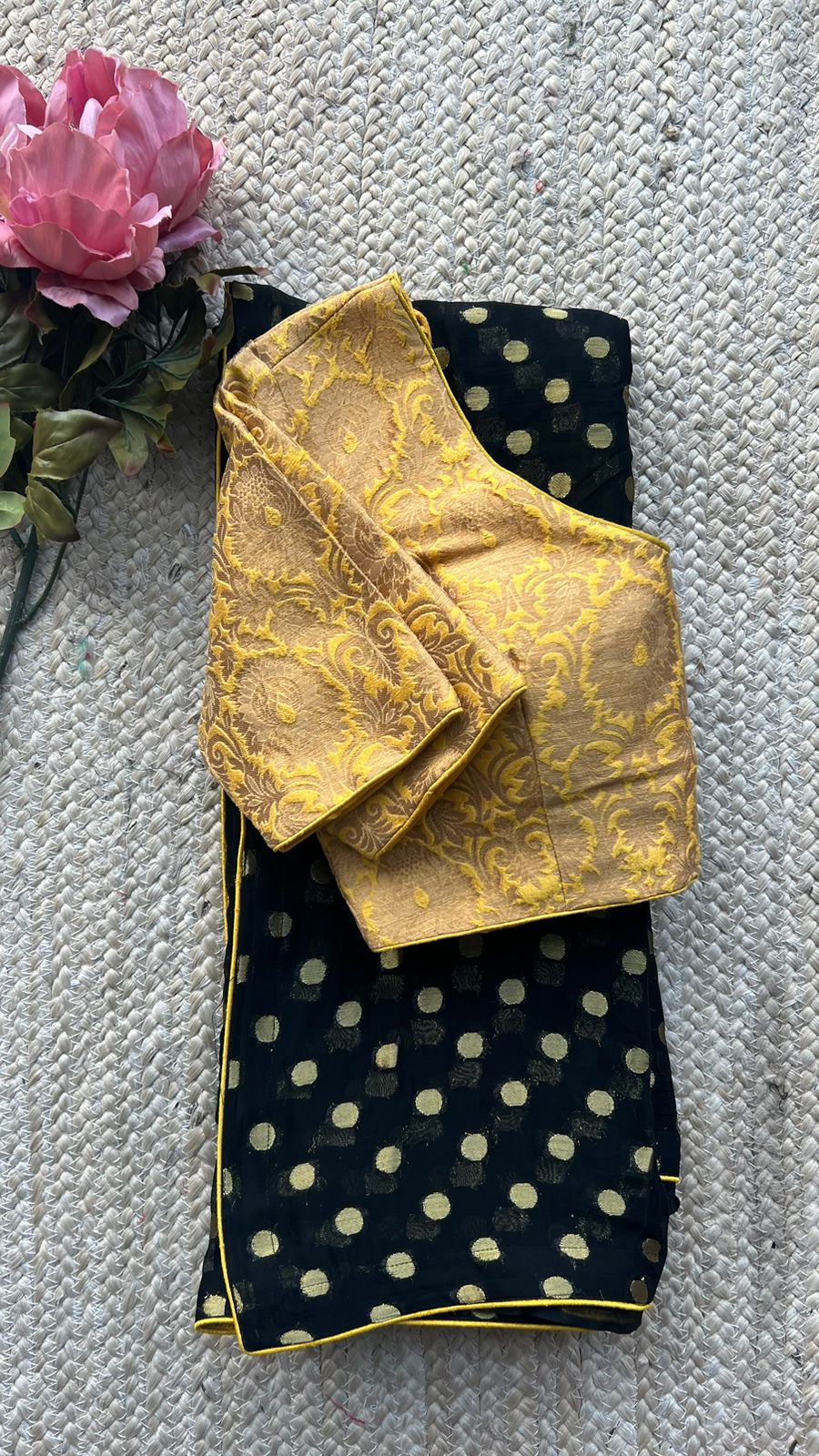 Black chiffon saree with yellow banarasi blouse