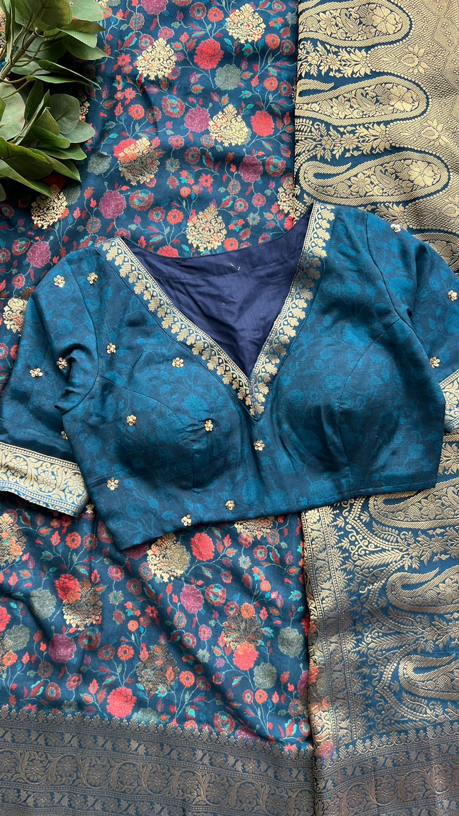 Blue binni silk saree with hand worked blouse