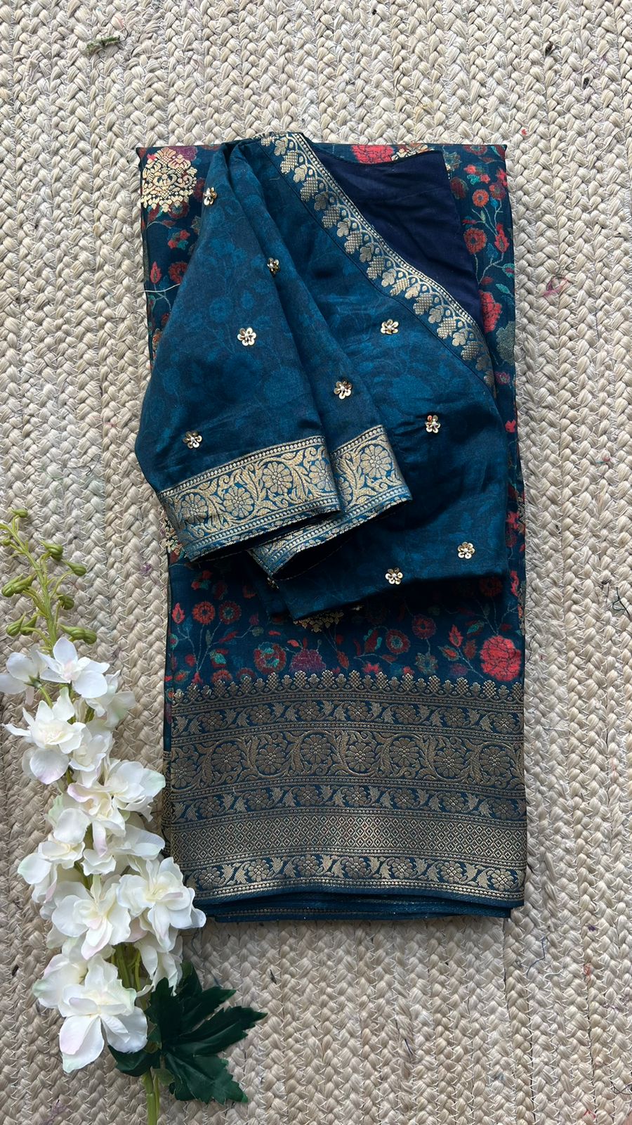Blue binni silk saree with hand worked blouse