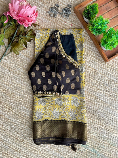 Yellow chanderi saree with black banarasi blouse