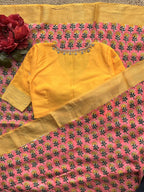 Blush pink chanderi saree with yellow hand made blouse