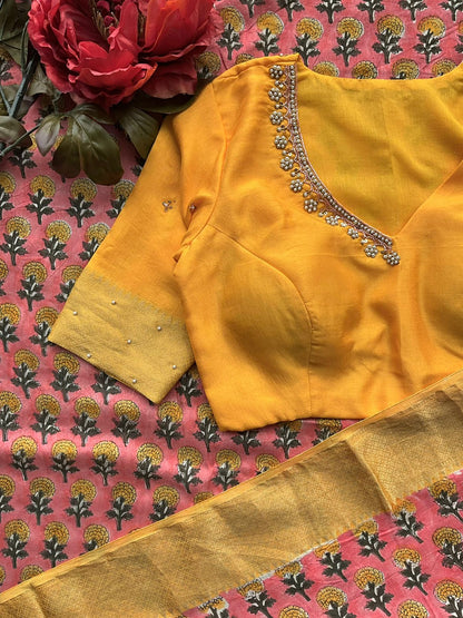 Blush pink chanderi saree with yellow hand made blouse
