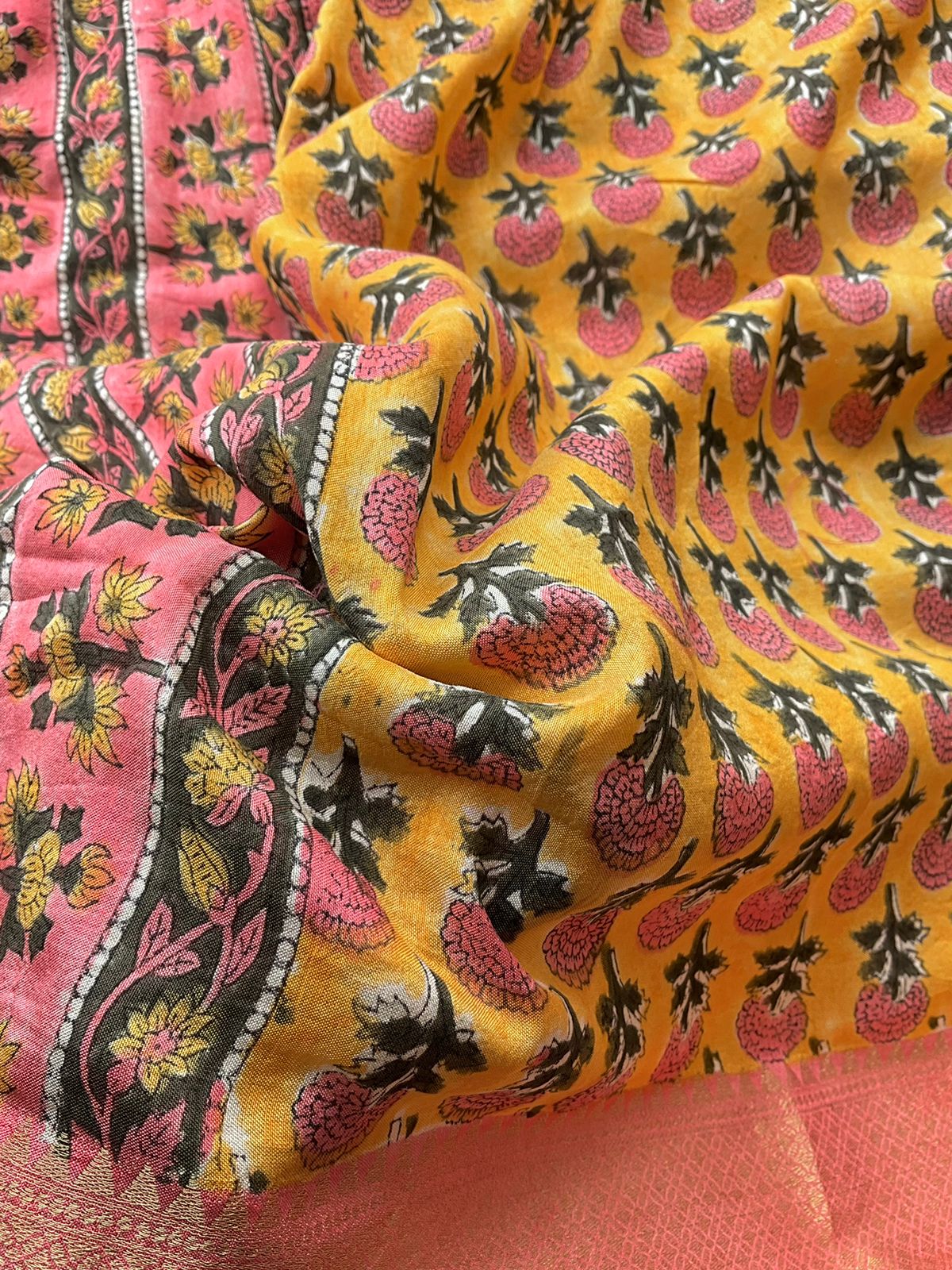 Blush pink chanderi saree with yellow hand made blouse