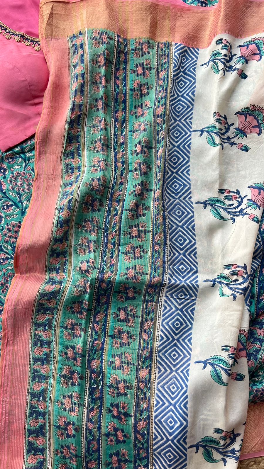 Aqua blue chanderi saree with pink hand worked blouse no
