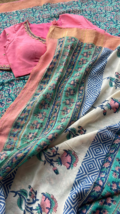 Aqua blue chanderi saree with pink hand worked blouse no