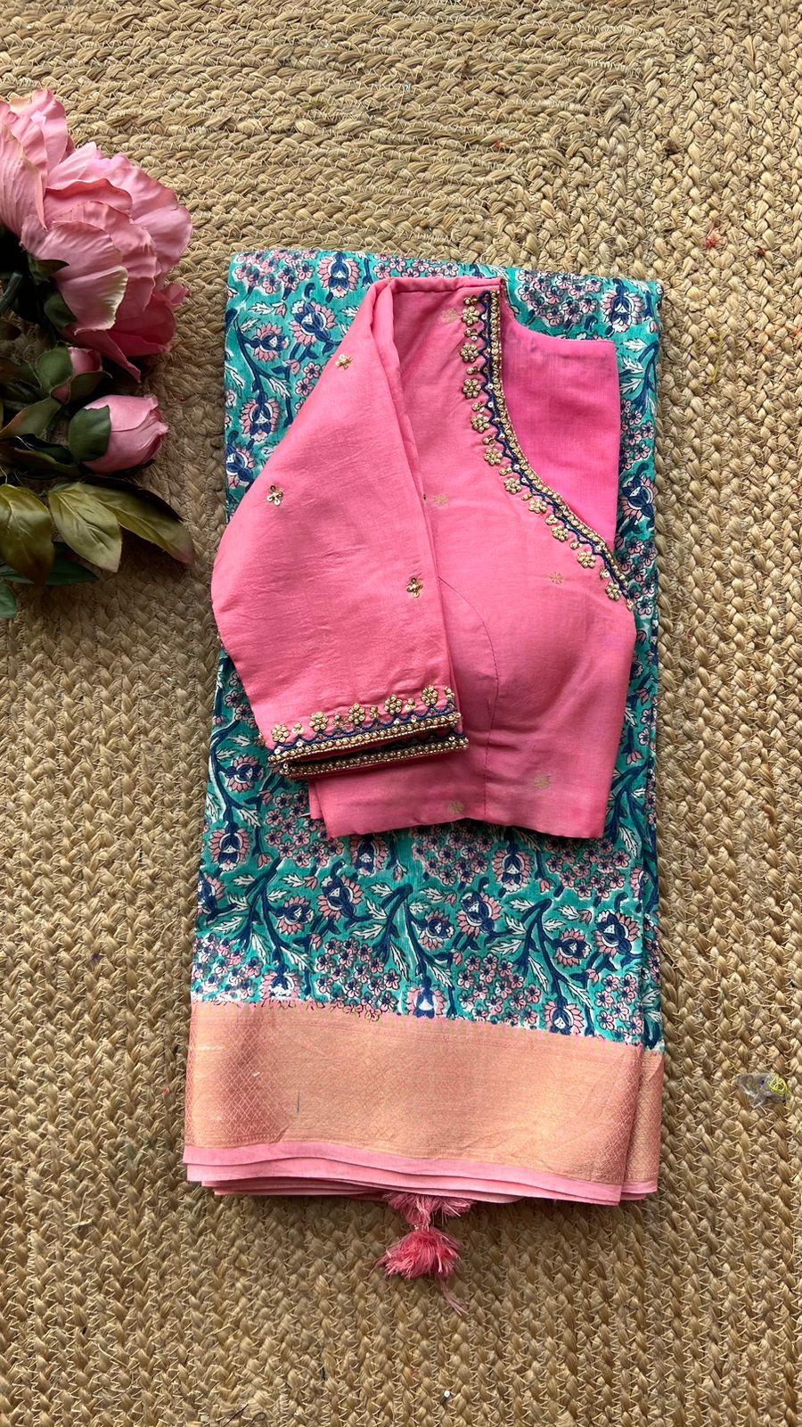 Aqua blue chanderi saree with pink hand worked blouse