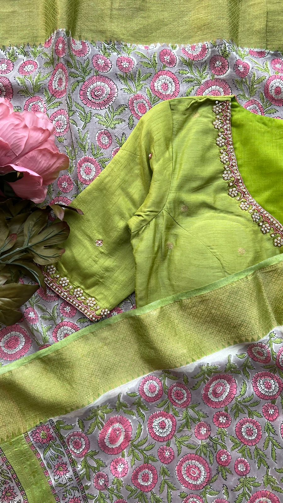 Grey chanderi saree with green hand worked blouse