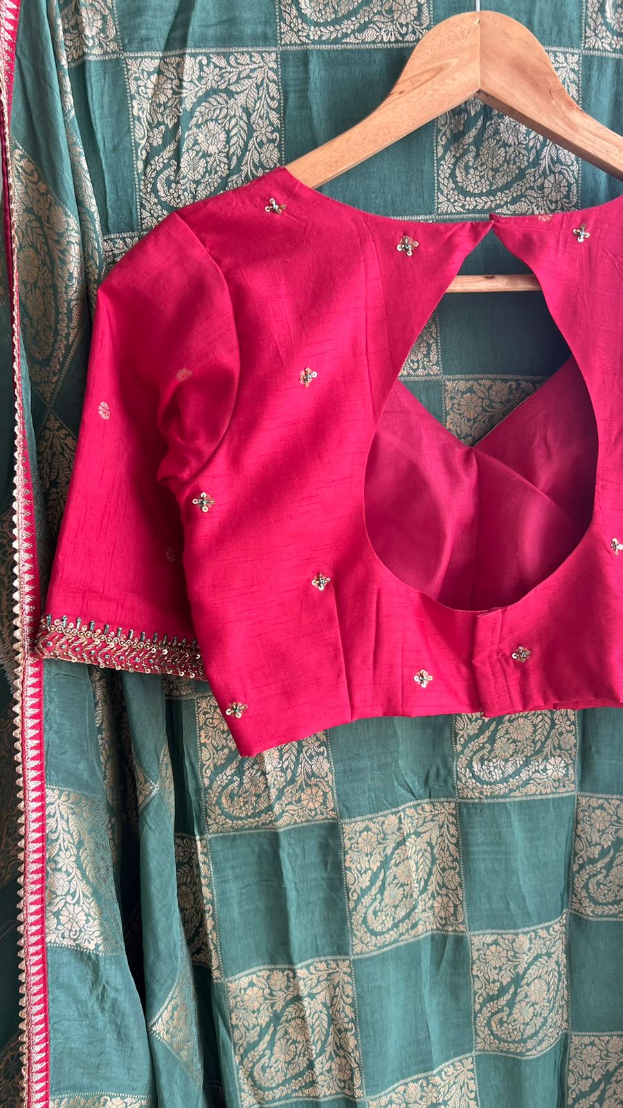 Pistachio green saree with pink handwork blouse